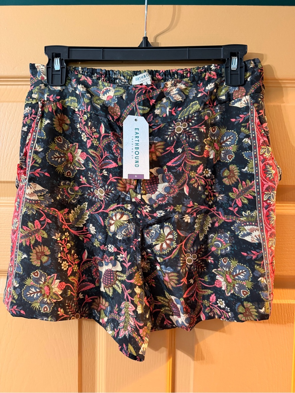 EARTHBOUND Black Floral Drawstring Bermuda Shorts with Pink & Green Accents